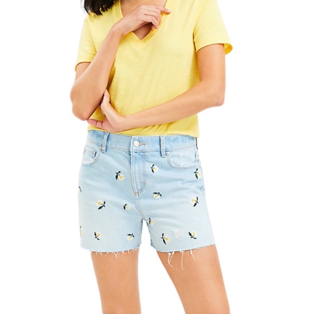 LOFT • NWT High Rise Frayed Cut Off Denim Shorts Floral Embroidered Stone Wash - Picture 3 of 10